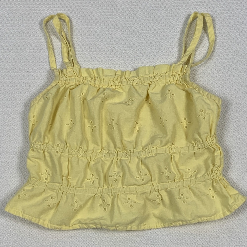 Dizzy Lizzy Women's Medium Yellow Smocked Cropped Tank Top Ruffle Hem Sleeveless